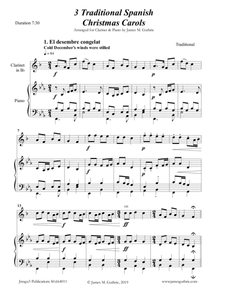 3 Traditional Spanish Christmas Carols For Clarinet Piano Sheet Music