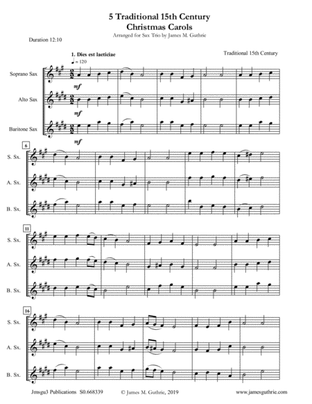 Free Sheet Music 5 Traditional 15th Century Christmas Carols For Soprano Alto Baritone Sax Trio