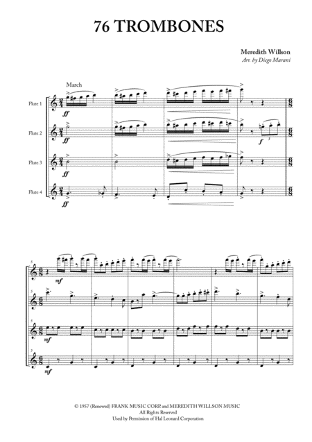 Free Sheet Music 76 Trombones For Flute Quartet