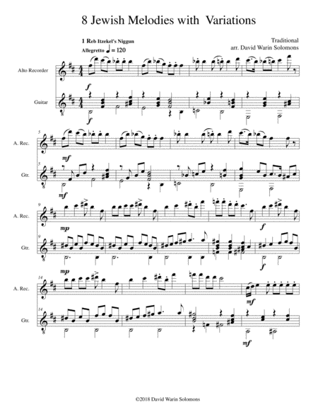 Free Sheet Music 8 Jewish Melodies With Variations For Alto Recorder And Guitar