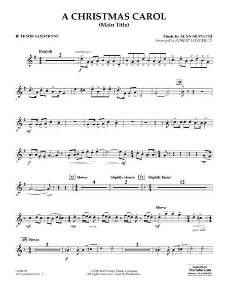 Free Sheet Music A Christmas Carol Main Title Arr Robert Longfield Bb Tenor Saxophone