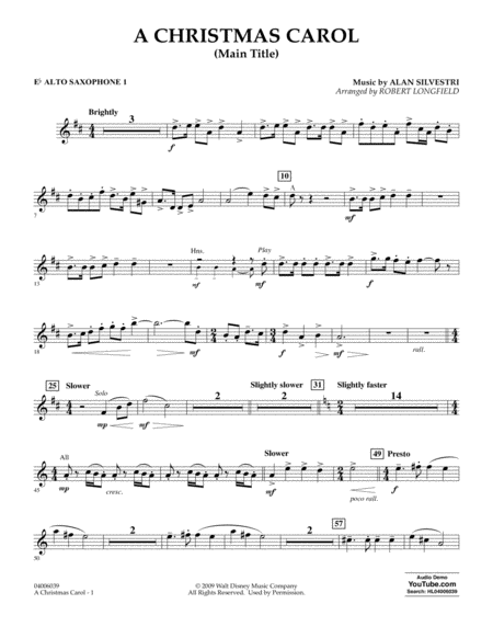 Free Sheet Music A Christmas Carol Main Title Arr Robert Longfield Eb Alto Saxophone 1