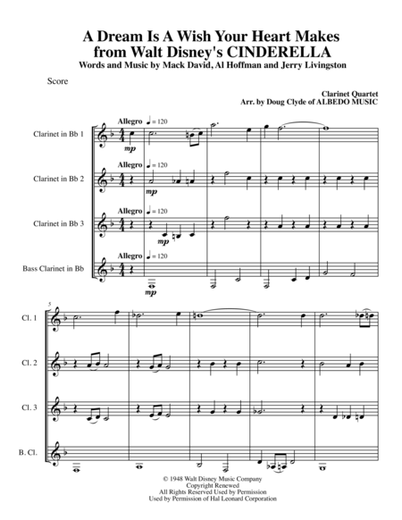 A Dream Is A Wish Your Heart Makes From Walt Disneys Cinderella For Clarinet Quartet Sheet Music