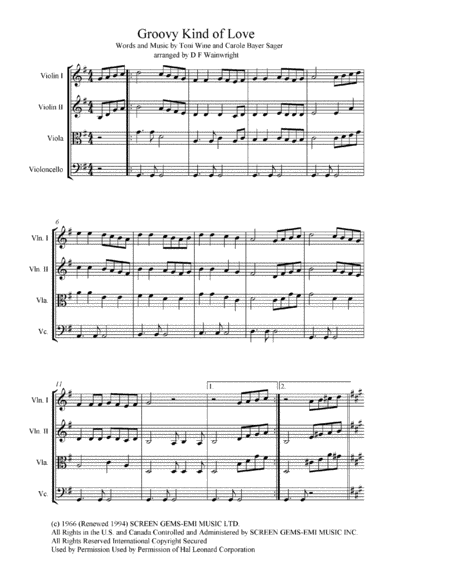 A Groovy Kind Of Love Arranged For String Quartet Score Parts And Mp3 Sheet Music