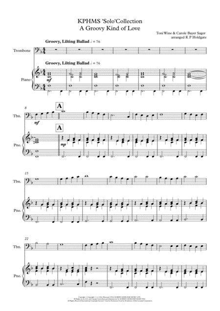 Free Sheet Music A Groovy Kind Of Love Solo For Trombone Bass Clef And Piano