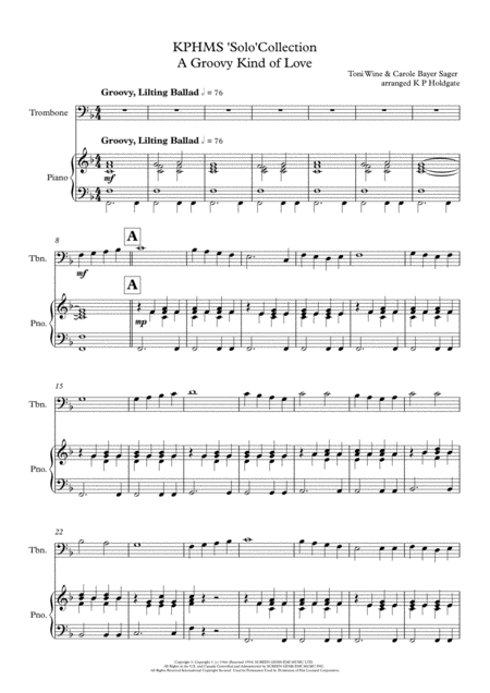 A Groovy Kind Of Love Solo For Trombone Bass Clef And Piano Sheet Music