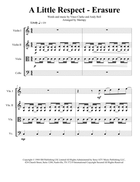 A Little Respect Erasure Arranged For String Quartet Sheet Music