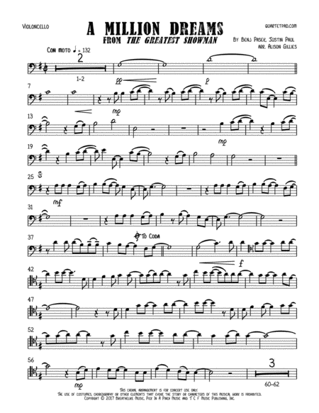 A Million Dreams From The Greatest Showman Solo Cello Sheet Music