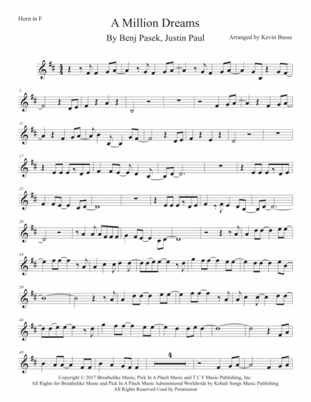 A Million Dreams Original Key Horn In F Sheet Music