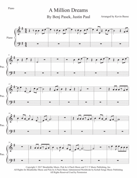 A Million Dreams Original Key Piano Sheet Music