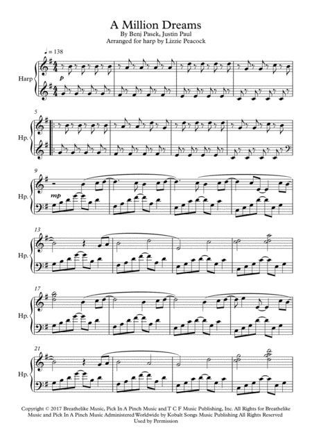 Free Sheet Music A Million Dreams Pedal Harp Solo