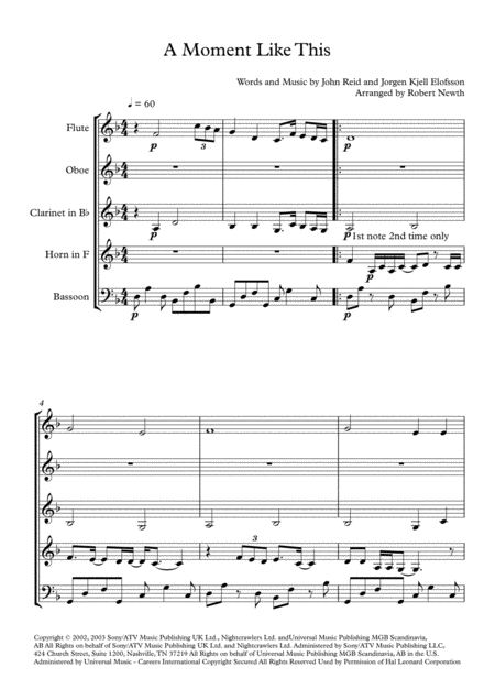 Free Sheet Music A Moment Like This For Wind Quintet