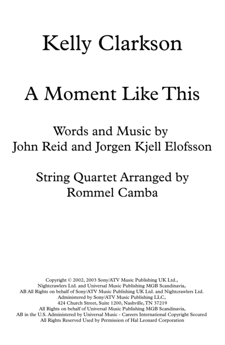 A Moment Like This Kelly Clarkson String Quartet Sheet Music