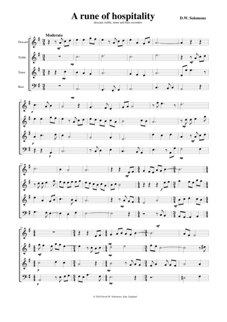 A Rune Of Hospitality Recorder Quartet Version Sheet Music