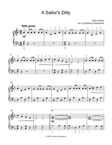 Free Sheet Music A Sailors Ditty Piano Solo Arrangement