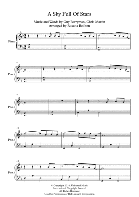 A Sky Full Of Stars D Minor By Coldplay Easy Piano Sheet Music