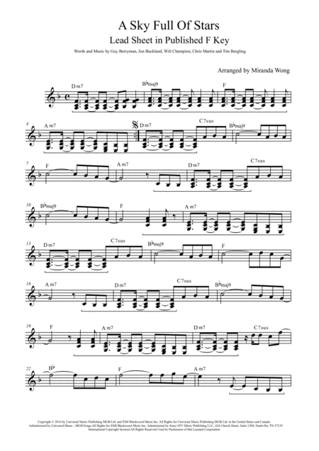 Free Sheet Music A Sky Full Of Stars Lead Sheet In Published F Key With Chords