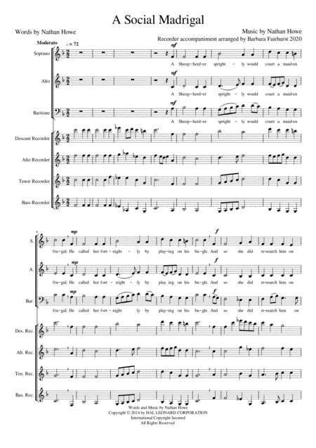 A Social Madrigal With 4 Part Recorder Accompaniment Sheet Music