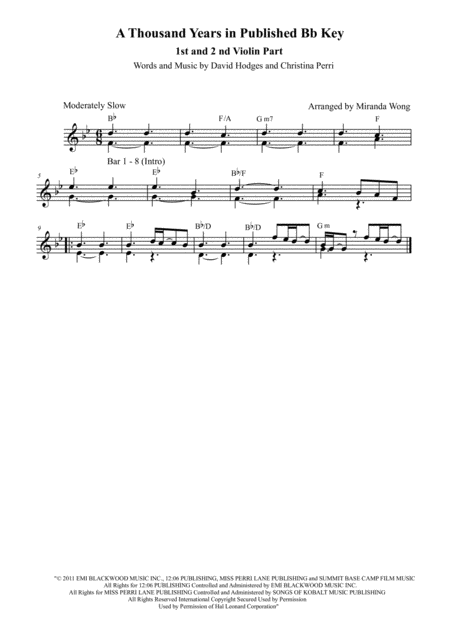 Free Sheet Music A Thousand Years 2 Violins Duet In Published Bb Key With Chords