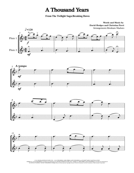 A Thousand Years By Christina Perri Flute Duet Sheet Music