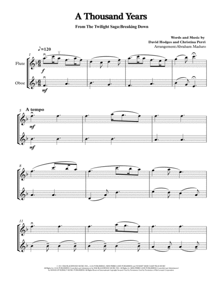 A Thousand Years By Christina Perri Flute Oboe Duet Sheet Music