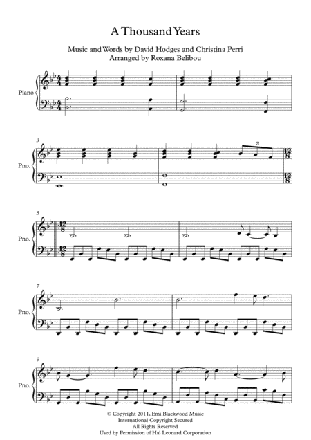 A Thousand Years By Christina Perri Piano Sheet Music