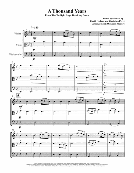 A Thousand Years By Christina Perri Violin Viola And Cello Trio Sheet Music