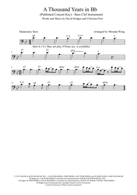 Free Sheet Music A Thousand Years Cello And Piano In Published Bb Key