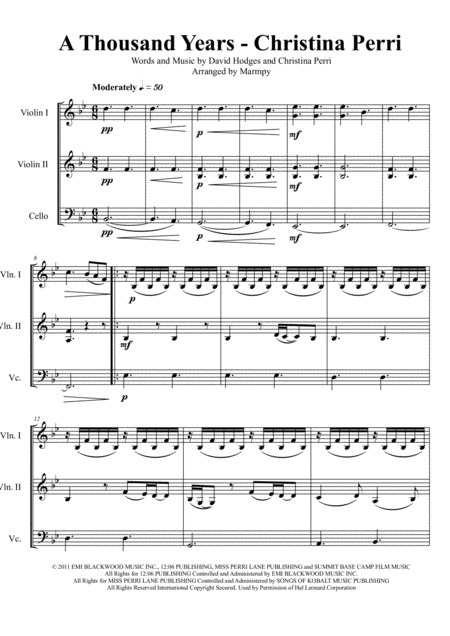 A Thousand Years Christina Perri Arranged For String Trio Sheet Music