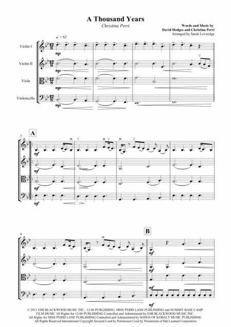 A Thousand Years Christina Perri String Quartet Sheet Music