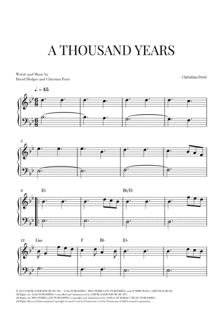 A Thousand Years Easy Beginner Piano Sheet Music