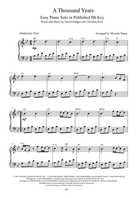 A Thousand Years Easy Piano Solo In Bb Published Key Sheet Music