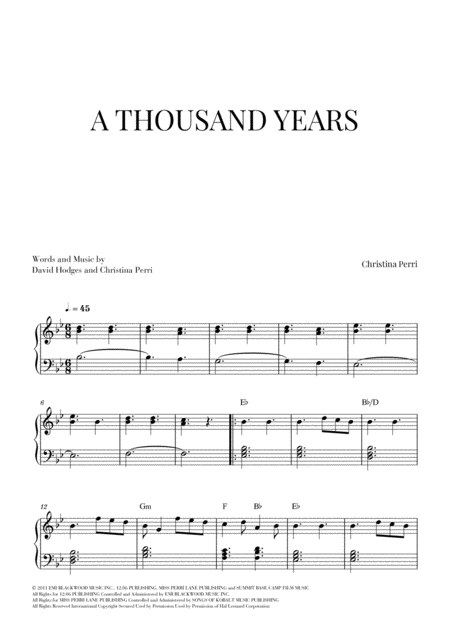 A Thousand Years Easy Piano Sheet Music