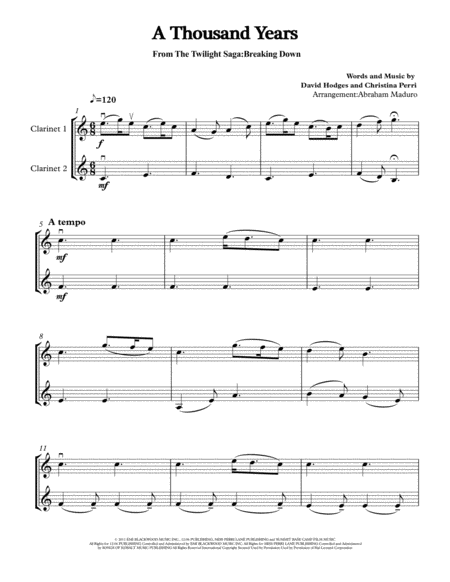 A Thousand Years From The Twilight Saga Clarinet Duet Sheet Music