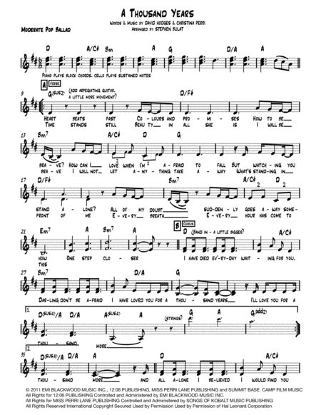 Free Sheet Music A Thousand Years Lead Sheet Melody Lyrics Chords In Key Of D