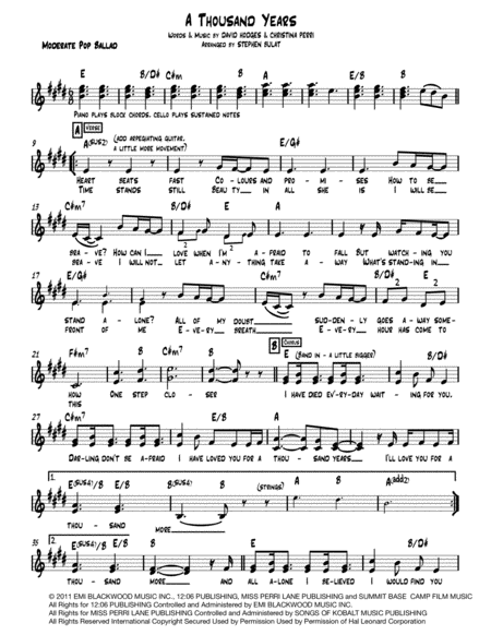 A Thousand Years Lead Sheet Melody Lyrics Chords In Key Of E Sheet Music