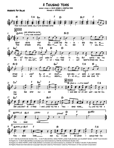 A Thousand Years Lead Sheet Melody Lyrics Chords In Original Key Of Bb Sheet Music