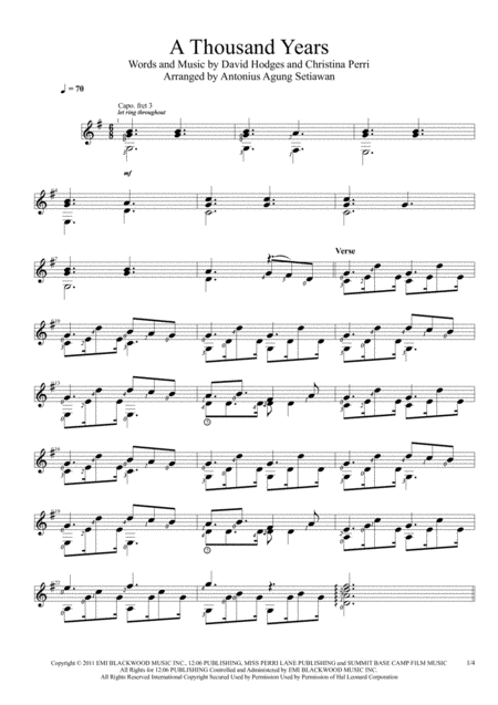 A Thousand Years Solo Guitar Score Sheet Music