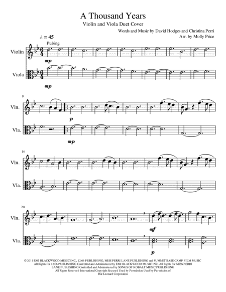 A Thousand Years Violin And Viola Duet Sheet Music