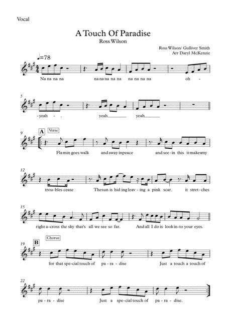 Free Sheet Music A Touch Of Paradise Voice And Rhythm Section Key Of A