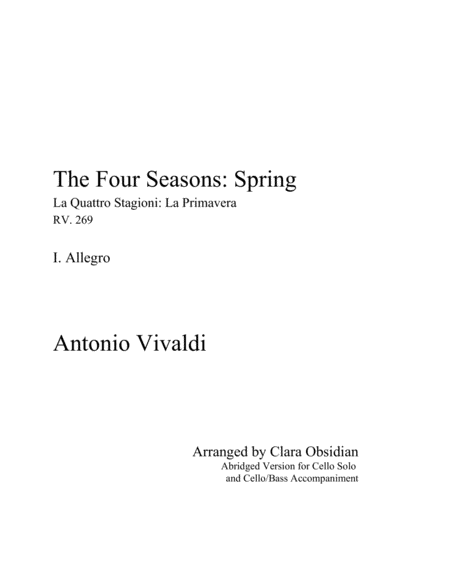 A Vivaldi La Primavera Spring Allegro For Cello And Cello Bass Sheet Music