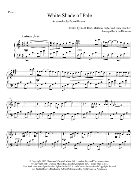 Free Sheet Music A Whiter Shade Of Pale For Piano Solo