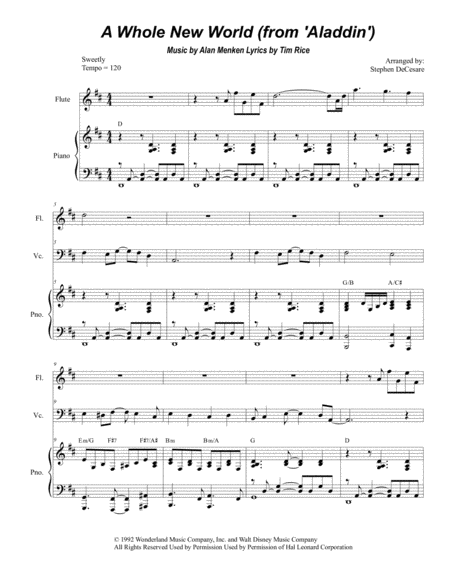 Free Sheet Music A Whole New World Duet For Violin And Cello