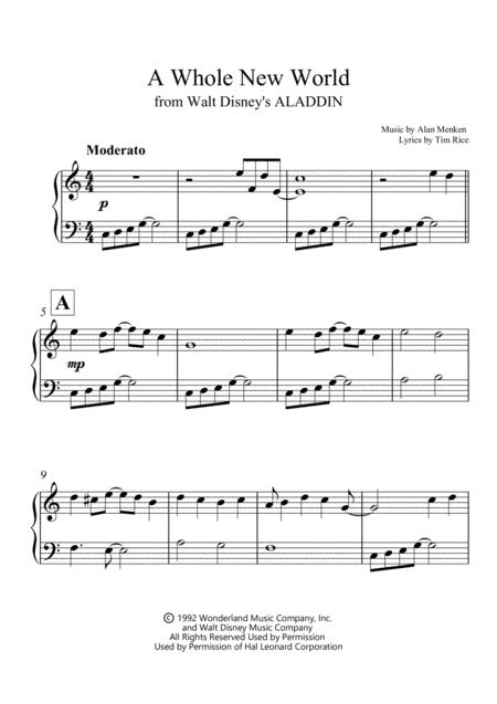 A Whole New World For Very Beginner Sheet Music