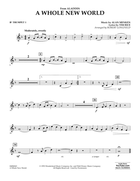 A Whole New World From Aladdin Arr Robert Longfield Bb Trumpet 1 Sheet Music