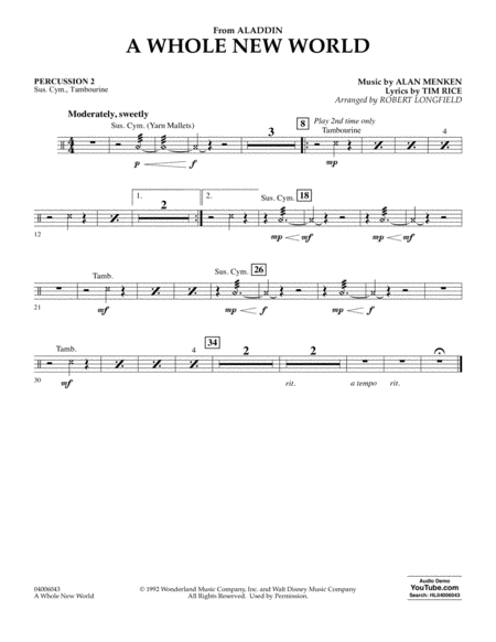 Free Sheet Music A Whole New World From Aladdin Arr Robert Longfield Percussion 2