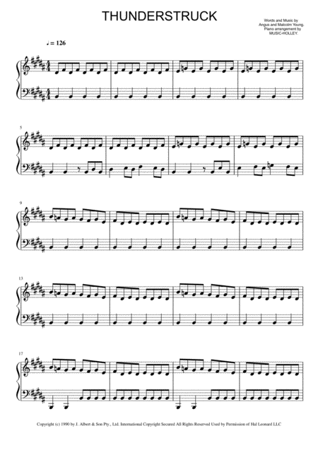 Free Sheet Music Ac Dc Thunderstruck Easy Piano Sheet