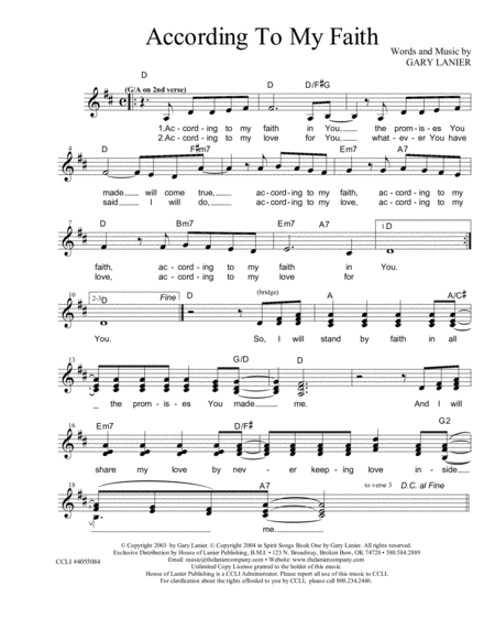 Free Sheet Music According To My Faith Lead Sheet