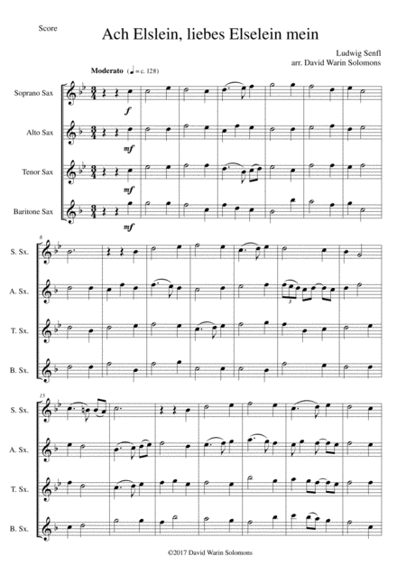 Free Sheet Music Ach Elslein Liebes Elselein Mein For Saxophone Quartet