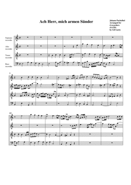 Free Sheet Music Ach Herr Mich Armen Suender No 1 Arrangement For 4 Recorders